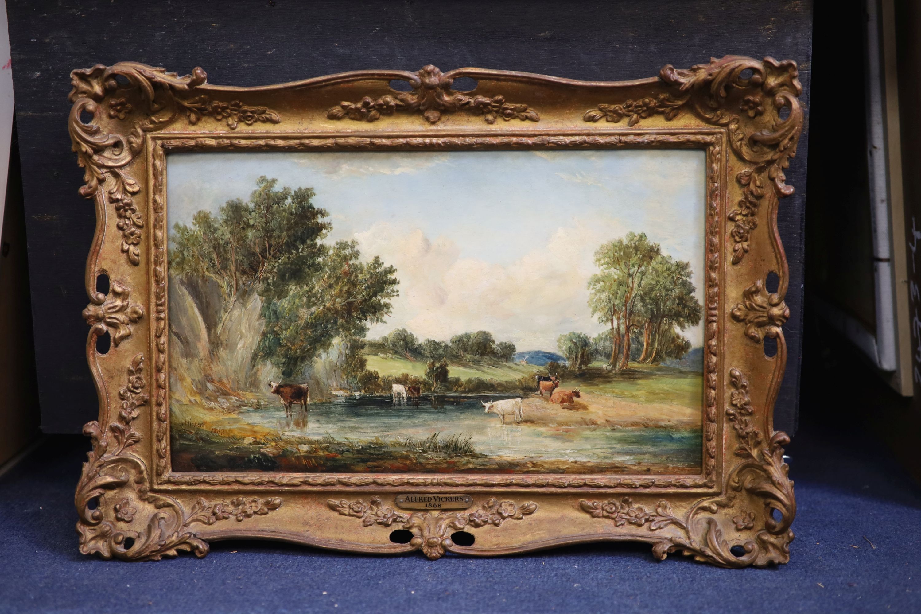 Alfred Vickers (1786-1868), Cattle watering in a landscape, oil on wooden panel, 21 x 34.5cm